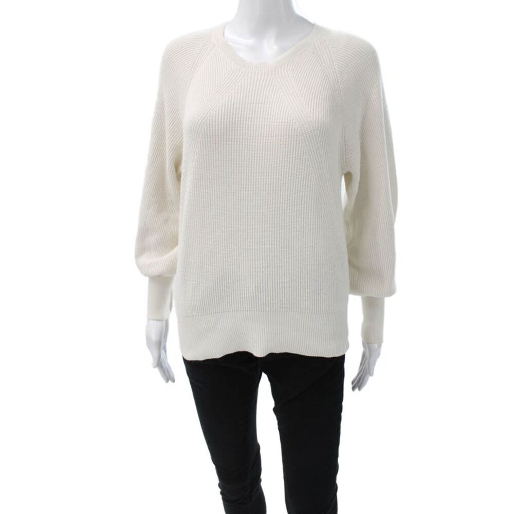 White + Warren Women V Neck Cotton Pullover Long Sleeve White Size S